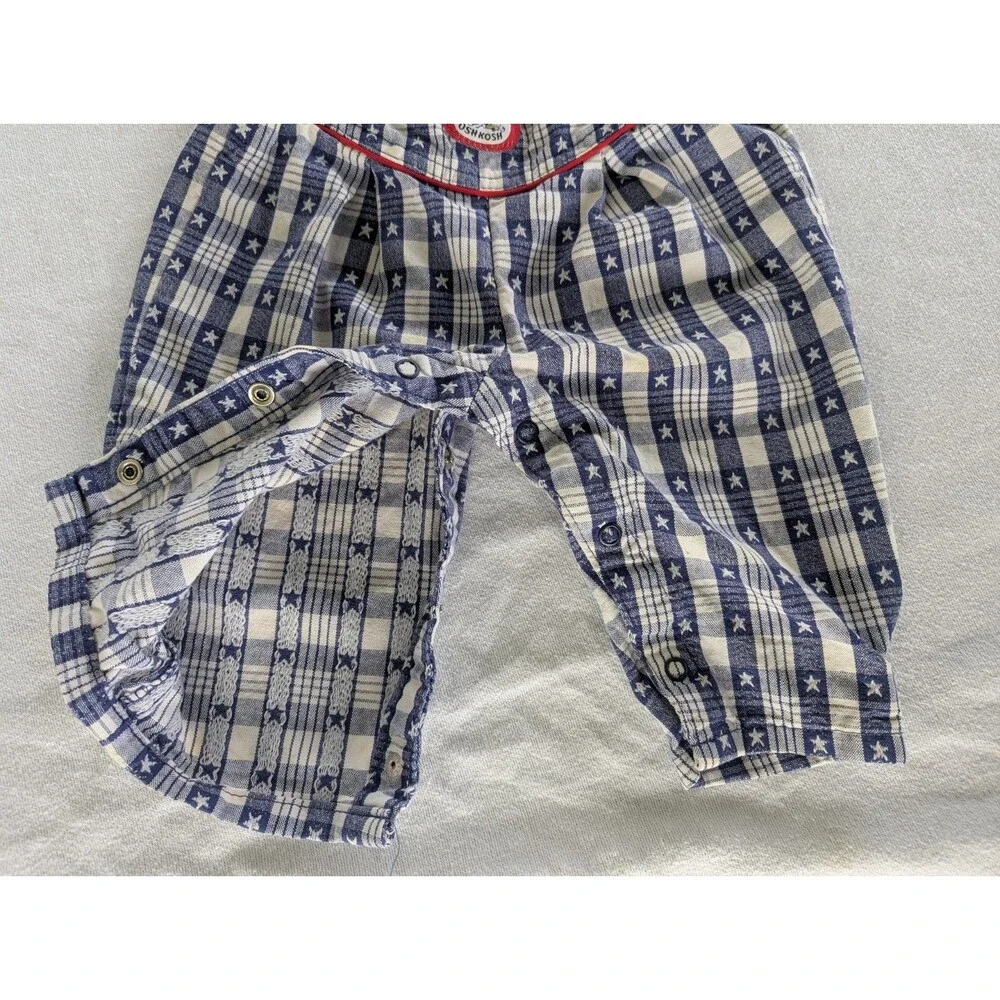 Vtg 3-6 MO Oshkosh B’Gosh Blue Plaid Star Overalls Vestbak USA Patriotic Cotton